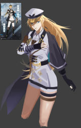 blonde_hair blue_eyes chrome:_glory_(honor_model)_(pgr) chrome_(pgr) genderswap genderswap_(mtf) grey_background highres jacket military military_uniform mora_(moraippai) punishing:_gray_raven white_headwear white_jacket