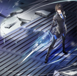 Rule 34 | 1boy, artist name, black hair, blue necktie, closers, coat, from above, glowing, hand in pocket, holding, holding sword, holding weapon, male focus, necktie, pping, seha lee, smile, solo, sword, weapon
