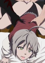 Rule 34 | 1boy, 1girl, ahoge, ass, asta (black clover), bed, black clover, black panties, clothed sex, clothing aside, doggystyle, green eyes, grey hair, heart, heart-shaped pupils, highres, incest, licita (black clover), mature female, mother and son, on bed, open mouth, panties, panties aside, pussy juice, richita, scrollzitos, sex, sex from behind, symbol-shaped pupils, text focus, thighs, tongue, tongue out, torso grab, underwear