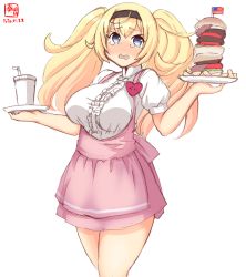 Rule 34 | 1girl, alternate costume, anna miller, apron, artist logo, black hairband, blonde hair, blouse, blue eyes, breasts, burger, commentary request, crying, crying with eyes open, dated, employee uniform, food, gambier bay (kancolle), hairband, highres, kanon (kurogane knights), kantai collection, large breasts, looking at viewer, name tag, pink apron, pink skirt, puffy sleeves, revision, shirt, short sleeves, simple background, skirt, solo, tears, tray, tumbler, twintails, underbust, uniform, waitress, white background, white shirt
