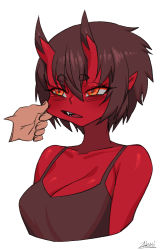 Rule 34 | 1girl, bare shoulders, black camisole, black hair, blush, breasts, camisole, cheek pinching, cleavage, colored skin, fang, horns, kidouko (zakusi), large breasts, oni, oni horns, open mouth, orange eyes, original, pinching, pointy ears, red oni, red skin, short hair, signature, simple background, upper body, white background, zakusi