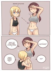 Rule 34 | 2girls, 2koma, :&lt;, :o, arm up, armpits, arrow (symbol), black sports bra, blonde hair, blue eyes, blush, breasts, brown eyes, brown hair, closed eyes, closed mouth, comic, embarrassed, english text, erica hartmann, female focus, frown, gertrud barkhorn, grey background, grey sports bra, hand on own hip, highres, jitome, licking, licking stomach, linea alba, long hair, looking at another, looking down, looking to the side, matching hair/eyes, medium breasts, meme, multiple girls, multiple views, navel, neuron activation (meme), open mouth, panties, short hair, simple background, speech bubble, sports bra, standing, strike witches, sweat, tareme, toned female, toned stomach, twintails, underwear, underwear only, watermark, white panties, world witches series, yuri