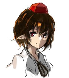 Rule 34 | 1girl, bad id, bad twitter id, bow, brown hair, hat, looking at viewer, nuqura, pointy ears, red eyes, shameimaru aya, shirt, short hair, smile, solo, tokin hat, touhou, white background, white shirt