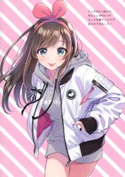 Rule 34 | 1girl, :p, absurdres, aqua eyes, brown hair, closed mouth, diagonal stripes, fingernails, grey hoodie, hairband, hand in pocket, highres, hood, hood down, hoodie, jacket, kizuna ai, kizuna ai inc., leaning forward, long hair, long sleeves, looking at viewer, morikura en, multicolored hair, nail polish, official art, open clothes, open jacket, page number, pink hair, pink hairband, pink nails, scan, shiny skin, sleeves past wrists, smile, solo, streaked hair, striped, striped background, thigh gap, tongue, tongue out, virtual youtuber, white jacket