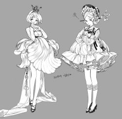 Rule 34 | 2girls, alternate hairstyle, bob cut, bonnet, breasts, covered mouth, covering own mouth, crossed arms, dated, dress, frilled dress, frills, full body, greyscale, hair bun, hanbok, hand over own mouth, hands up, high heels, jewelry, kneehighs, korean clothes, korean commentary, korean text, lemon89h, long sleeves, looking at viewer, medium breasts, monochrome, multiple girls, original, own hands together, puffy long sleeves, puffy sleeves, short dress, short hair, simple background, single side bun, small breasts, socks, squiggle, standing, train (clothing), updo, xiao guan (headdress)