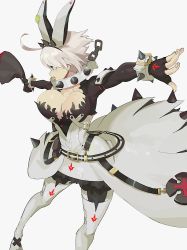 Rule 34 | 1girl, ahoge, animal ears, arms up, arqa, belt, blue eyes, bracelet, breasts, chain, cleavage, clothing cutout, clover, collar, dress, elphelt valentine, fake animal ears, flower, four-leaf clover, gameplay mechanics, grey hair, guilty gear, guilty gear xrd, huge ahoge, jewelry, large breasts, looking away, open mouth, rabbit ears, red flower, red rose, rose, short hair, simple background, solo, spiked bracelet, spiked collar, spikes, wedding dress
