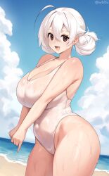 Rule 34 | 1girl, ahoge, bare shoulders, beach, blue sky, blush, breasts, brown eyes, cleavage, cloud, competition swimsuit, covered navel, day, double bun, hair between eyes, hair bun, highleg, highleg swimsuit, highres, huge breasts, iwbitu, long hair, looking at viewer, nyopu, ocean, one-piece swimsuit, open mouth, original, outdoors, shirt, shore, single hair bun, sky, smile, solo, swimsuit, thick thighs, thighs, water, wet, white hair, white one-piece swimsuit, white shirt