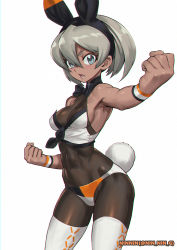 Rule 34 | abs, absurdres, adapted costume, alternate costume, bea (pokemon), blue eyes, bob cut, bodysuit, bodysuit under clothes, bow, bowtie, breasts, chromatic aberration, clenched hands, covered navel, cowboy shot, creatures (company), dark-skinned female, dark skin, game freak, grey hair, hair between eyes, hair bow, hair ribbon, highres, leotard, medium breasts, muscular, muscular female, ninnin (shishitou), nintendo, open mouth, playboy bunny, pokemon, pokemon swsh, rabbit ears, rabbit tail, ribbon, short hair, sideboob, simple background, skin tight, solo, sports bikini, swimsuit, thighhighs, white background, wristband