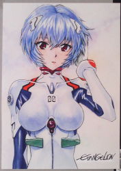 Rule 34 | 1girl, :o, arm at side, ayanami rei, blush, bodysuit, bracelet, breasts, collar, copyright name, expressionless, hair between eyes, hand in own hair, hand up, headgear, highres, interface headset, jewelry, large breasts, looking at viewer, neon genesis evangelion, paper, parted lips, photo (medium), plugsuit, red eyes, short hair, silver hair, skin tight, solo, traditional media, tsurime, upper body, uramachi (hukahuka futon)