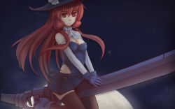 Rule 34 | 00s, 1girl, breasts, cleavage, drawfag, elbow gloves, gloves, hat, himuro akari, leotard, moon, night, night sky, night wizard, red eyes, red hair, riding, skirt, sky, solo, thighhighs, witch hat, zettai ryouiki