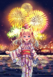 Rule 34 | 1girl, aerial fireworks, animal ears, blonde hair, blue eyes, blue hair, blurry, blurry background, blush, bridge, building, cat ears, cityscape, commentary request, depth of field, fireworks, floral print, flower, gradient hair, hair flower, hair ornament, holding, japanese clothes, kimono, long hair, long sleeves, looking at viewer, multicolored hair, nemuri nemu, night, night sky, obi, open mouth, original, outdoors, print kimono, red flower, river, sash, sky, skyscraper, solo, striped clothes, striped kimono, twintails, vertical-striped clothes, vertical-striped kimono, water, wide sleeves
