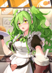 Rule 34 | 1girl, absurdres, alternate costume, apron, blush, character name, cheese, chinese commentary, commentary request, cup, disposable cup, drinking straw, fast food, food, girls&#039; frontline, gloves, green hair, burger, highres, m950a (girls&#039; frontline), maid, maid apron, maid headdress, menu, restaurant, solo, tray, twintails, waitress, yellow eyes, youmi kong xiang