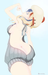 Rule 34 | 10s, 1girl, alternate costume, arched back, arm at side, arm up, armpits, artist name, ass, back, backless outfit, bare arms, bare back, bare shoulders, beret, blonde hair, blue eyes, blue hair, breasts, butt crack, closed mouth, commandant teste (kancolle), finger to mouth, from behind, grey ribbon, grey sweater, hat, kantai collection, long hair, looking at viewer, medium breasts, meme attire, multicolored hair, naked sweater, natsume (azisaisuki1), red hair, ribbed sweater, sideboob, sleeveless, sleeveless turtleneck, smile, solo, sweater, tareme, turtleneck, turtleneck sweater, twitter username, virgin killer sweater, walking, white hair, white hat