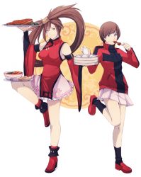 Rule 34 | 2girls, alternate color, arc system works, atlus, balancing, bamboo steamer, baozi, bowl, breasts, brown eyes, brown hair, company connection, crossover, detached sleeves, dumpling, eating, eggroll, food, guilty gear, hanpetos, jacket, kuradoberi jam, long hair, meat, multiple girls, one eye closed, persona, persona 4, persona 4: the ultimate in mayonaka arena, pleated skirt, satonaka chie, shin megami tensei, short hair, skewer, skirt, smile, standing, standing on one leg, track jacket, tray, very long hair