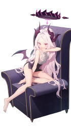 Rule 34 | 1girl, absurdres, bare arms, bare legs, bare shoulders, barefoot, between legs, black panties, blue archive, breasts, chair, covering own mouth, demon girl, demon horns, doribae, feet, full body, halo, highres, hina (blue archive), horns, long hair, looking at viewer, low wings, on chair, panties, parted bangs, pink hair, red eyes, shirt, simple background, sitting, sleeveless, solo, underwear, very long hair, white background, white hair, white shirt, wings