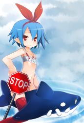 Rule 34 | 1girl, blue hair, disgaea, flat chest, hair ribbon, hairband, no panties, pleinair, red eyes, red thighhighs, ribbon, riding, road sign, shark, short hair, sign, solo, stop sign, straddling, stuffed animal, stuffed toy, swimsuit, thighhighs, tusia