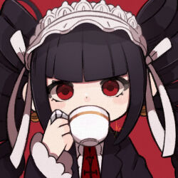 Rule 34 | 1girl, black hair, black jacket, blunt bangs, blush, bonnet, celestia ludenberg, claw ring, cup, danganronpa: trigger happy havoc, danganronpa (series), drill hair, drinking, earrings, frills, gothic lolita, hair ribbon, hand up, holding, holding cup, jacket, jewelry, lolita fashion, long hair, long sleeves, looking at viewer, necktie, open clothes, open jacket, print necktie, red background, red eyes, red necktie, ribbon, signature, simple background, solo, twin drills, twintails, upper body, white ribbon, yukino super