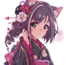 Rule 34 | 1girl, alternate hairstyle, animal ear fluff, animal ears, black hair, black kimono, braid, cat ears, cat girl, commentary, drill hair, floral print, flower, frilled kimono, frills, green eyes, hair flower, hair ornament, hairpin, hand in own hair, highres, japanese clothes, karyl (new year) (princess connect!), karyl (princess connect!), kimono, kuroi mimei, long sleeves, looking at viewer, medium hair, parted lips, princess connect!, print kimono, simple background, solo, upper body, white background