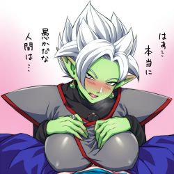 Rule 34 | 1boy, 1girl, black shirt, blue pants, blush, breasts, bulge, colored skin, dragon ball, dragon ball super, earrings, erection, erection under clothes, fused zamasu, genderswap, genderswap (mtf), green skin, grey eyes, hetero, jewelry, long pointy ears, long sleeves, looking at viewer, nose blush, open mouth, paizuri, paizuri under clothes, pants, penis, penis under another&#039;s clothes, pointy ears, potara earrings, pov, precum, precum through clothes, ring, shirt, solo focus, spiked hair, sweat, teba motoko, translation request, vegetto, white hair