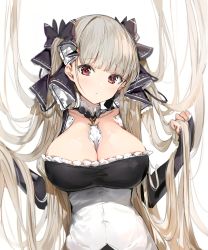 Rule 34 | 1girl, azur lane, between breasts, black bow, black dress, black sleeves, blush, bow, breasts, brown hair, cleavage, closed mouth, collarbone, commentary request, detached sleeves, dress, formidable (azur lane), frilled dress, frills, hair bow, hand in own hair, highres, large breasts, long hair, long sleeves, looking at viewer, red eyes, revision, sidelocks, silver (chenwen), simple background, sleeves past wrists, solo, twintails, upper body, very long hair, white background