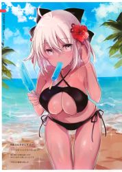 Rule 34 | 1girl, absurdres, ahoge, bare arms, bare shoulders, beach, bikini, black bikini, black bow, blue sky, bow, breasts, character name, cleavage, cleavage cutout, clothing cutout, cloud, cloudy sky, collarbone, criss-cross halter, dark-skinned female, dark skin, day, english text, fate/grand order, fate (series), flower, flower knot, food, food in mouth, hair bow, hair flower, hair ornament, halterneck, hibiscus, highres, holding, holding food, horizon, koha-ace, large breasts, leaning forward, long hair, looking at viewer, mouth hold, navel, ocean, okita souji (fate), okita souji alter (fate), okita souji alter (first ascension) (fate), outdoors, page number, palm leaf, popsicle, red flower, sand, scan, shiny skin, short hair, side-tie bikini bottom, silver hair, sky, solo, sparkle, standing, stomach, swimsuit, water, yukimiya yuge