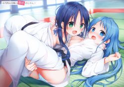Rule 34 | 2girls, absurdres, alternate costume, areola slip, ass, belt, black belt, blue eyes, blue hair, blue panties, blush, breasts, breath, clothes grab, clothes pull, commentary request, convenient head, dougi, ezoshika, gradient hair, green eyes, hair censor, hair over breasts, head out of frame, highres, indoors, kantai collection, karate gi, long hair, looking at viewer, low twintails, lying, martial arts belt, medium breasts, multicolored hair, multiple girls, on back, open clothes, open mouth, panties, samidare (kancolle), scan, shirt pull, small breasts, smile, steam, suzukaze (kancolle), sweat, swept bangs, twintails, underwear, uniform, very long hair, wet