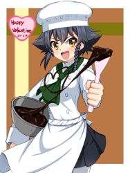 Rule 34 | 10s, 1girl, :d, alternate costume, apron, black hair, black skirt, bowl, braid, brown eyes, chef hat, chocolate, commentary request, cowboy shot, dated, english text, girls und panzer, green neckerchief, hair tie, happy valentine, hat, highres, holding, long sleeves, looking at viewer, miniskirt, multicolored background, neckerchief, open mouth, outside border, outstretched arm, pantyhose, pepperoni (girls und panzer), pleated skirt, ruka (piyopiyopu), shirt, short hair, side braid, skirt, smile, solo, spatula, standing, v-shaped eyebrows, waist apron, white apron, white pantyhose, white shirt