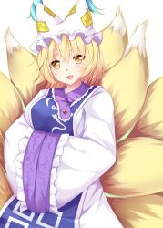 Rule 34 | 1girl, :d, animal ears, animal hat, blonde hair, breasts, commentary request, dress, fox ears, fox tail, hands in opposite sleeves, hat, large breasts, light blush, looking at viewer, merxkialis, mob cap, multiple tails, open mouth, mob cap, short hair, simple background, smile, solo, tabard, tail, tassel, touhou, upper body, white background, white dress, yakumo ran, yellow eyes