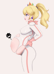 Rule 34 | 1girl, big belly, biker peach, blonde hair, blue eyes, bodysuit, bowser logo, breasts, covered erect nipples, crown, earrings, eyelashes, female focus, gloves, hands on own hips, high ponytail, highres, jewelry, lips, lipstick, long hair, makeup, mario (series), mario kart, mario kart wii, medium breasts, mini crown, mrhunking, nintendo, parted lips, ponytail, pregnant, princess peach, profile, red lips, simple background, solo, sphere earrings, standing, torn bodysuit, torn clothes