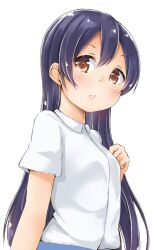Rule 34 | 1girl, arm at side, blue skirt, blush, breasts, brown eyes, collared shirt, commentary request, dot nose, funyariko, hand on own chest, long hair, looking at viewer, looking to the side, love live!, love live! school idol project, parted lips, purple hair, shirt, shirt tucked in, short sleeves, simple background, skirt, solo, sonoda umi, straight hair, three quarter view, turning head, upper body, white background, white shirt