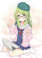 Rule 34 | 1girl, beret, blue shirt, blue skirt, blush, bow, cardigan, collarbone, commentary request, computer, fingernails, full body, glasses, green eyes, green hair, green hat, hair bow, hair ornament, hairclip, hands up, hat, jewelry, laptop, long sleeves, looking at viewer, loose socks, meito (maze), morinaka kazaki, neckerchief, nijisanji, no shoes, open cardigan, open clothes, parted lips, pendant, pink bow, pink cardigan, pleated skirt, purple-framed eyewear, red neckerchief, sailor collar, school uniform, serafuku, shirt, sitting, skirt, sleeves past wrists, smile, socks, solo, tilted headwear, virtual youtuber, wariza, white sailor collar, white socks