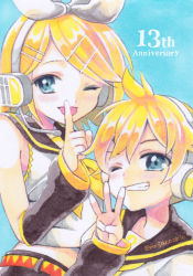 1boy, 1girl, aqua background, belt, black sailor collar, blonde hair, blue eyes, brother and sister, detached sleeves, hair ornament, hairclip, hand up, highres, index finger raised, kagamine len, kagamine rin, mojacookie, neckerchief, one eye closed, parted lips, sailor collar, shirt, short hair, siblings, smile, tongue, tongue out, twins, vocaloid, w, white shirt, yellow neckwear