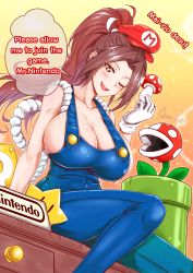 Rule 34 | 1girl, absurdres, blue overalls, breasts, brown eyes, brown hair, cigar cat, collarbone, cosplay, english text, fatal fury, heart, heart-shaped pupils, high ponytail, highres, huge breasts, industrial pipe, mario, mario (cosplay), mushroom, naked overalls, nintendo, one eye closed, overalls, ponytail, rope, shiranui mai, sideboob, sitting, solo, speech bubble, super smash bros., super star (mario), symbol-shaped pupils, text focus, the king of fighters