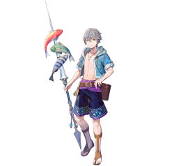 1boy absurdres ashe_ubert ashe_ubert_(summer) azu-taro basket belt blue_jacket commentary_request fire_emblem fire_emblem:_three_houses fire_emblem_heroes fish full_body green_eyes grey_hair hand_on_own_hip highres holding holding_polearm holding_weapon hood hooded_jacket jacket jewelry looking_at_viewer male_focus male_swimwear necklace nintendo official_alternate_costume official_art open_clothes open_jacket open_mouth polearm sandals second-party_source shell shell_necklace short_hair short_sleeves simple_background smile solo standing swim_trunks weapon white_background