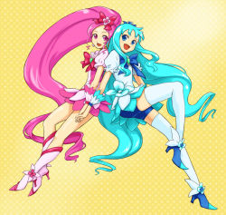 Rule 34 | 10s, 2girls, back-to-back, bad id, bad pixiv id, blue eyes, blue hair, blue skirt, boots, brooch, cure blossom, cure marine, hanasaki tsubomi, heart, heart brooch, heartcatch precure!, high heels, holding hands, jewelry, knee boots, kurumi erika, long hair, magical girl, multiple girls, pink eyes, pink hair, ponytail, precure, shibasaki shouji, shoes, skirt, thighhighs, twintails, very long hair, white thighhighs, yellow background