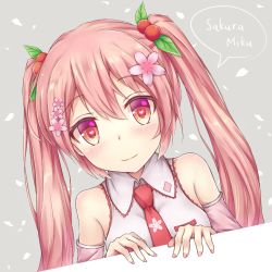 Rule 34 | 1girl, bad id, bad pixiv id, blush, character name, detached sleeves, dutch angle, flower, hair flower, hair ornament, hatsune miku, looking at viewer, necktie, pink eyes, pink hair, sakura miku, solo, tf (tfx2), twintails, upper body, vocaloid