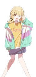 Rule 34 | 1girl, ;d, bare legs, blonde hair, braid, bright pupils, fang, feet out of frame, fujita kotone, gakuen idolmaster, hair ribbon, highres, idolmaster, jacket, looking at viewer, multicolored clothes, multicolored jacket, one eye closed, open mouth, pleated skirt, ria (52266382), ribbon, shirt, simple background, skin fang, skirt, smile, solo, twin braids, v, white background, white pupils, yellow shirt