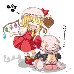 Rule 34 | 2girls, ascot, bat wings, blonde hair, blue hair, blush stickers, bow, box, brooch, charisma guard, chibi, closed eyes, cowering, dress, fang, female focus, flandre scarlet, hand on headwear, hat, jewelry, kikurage (sugi222), kneehighs, long sleeves, mamemaki, multiple girls, musical note, open mouth, pouring, remilia scarlet, setsubun, shadow, shoes, short sleeves, siblings, side ponytail, simple background, sisters, smile, socks, sugi222, touhou, uu~, white background, wings