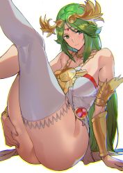 Rule 34 | 1girl, armlet, ashiomi masato, ass, bare shoulders, breasts, circlet, closed mouth, green eyes, green hair, hair ornament, jewelry, kid icarus, large breasts, leg up, legs, long hair, looking at viewer, necklace, nintendo, palutena, single thighhigh, smile, super smash bros., thick thighs, thighhighs, thighs, wrist cuffs