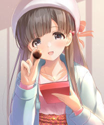 Rule 34 | 1girl, :d, akisaka yamoka, beret, black eyes, black hair, blue jacket, blunt bangs, blush, bow, box, box of chocolates, candy, chocolate, collarbone, earrings, food, hair bow, hair over shoulder, hat, heart, highres, holding, holding chocolate, holding food, idolmaster, idolmaster cinderella girls, jacket, jewelry, kobayakawa sae, long hair, long sleeves, looking at viewer, necklace, open clothes, open jacket, open mouth, pink shirt, red bow, shirt, shirt tucked in, smile, solo, sunlight, upper body, valentine, white hat, | |