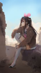 Rule 34 | 1girl, black hair, blue eyes, brick wall, brown jacket, commentary request, day, eyewear on head, from side, full body, hairband, highres, jacket, kizuna ai, kizuna ai inc., long sleeves, looking away, multicolored hair, outdoors, pentagon (railgun ky1206), pink hair, pink hairband, profile, sitting, sleeves past wrists, solo, streaked hair, sunglasses, sunglasses on head, thighhighs, twintails, two-tone hair, virtual youtuber, white thighhighs