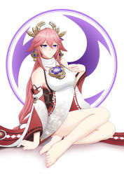 Rule 34 | 1girl, absurdres, animal ears, anklet, armpits, bare shoulders, barefoot, breasts, clenched hand, collarbone, detached sleeves, earrings, eyelashes, feet, feet together, female focus, fox ears, full body, genshin impact, hair between eyes, hair ornament, hand on ground, hand on own chest, hand up, high collar, highres, japanese clothes, jewelry, kimono, kitsune, large breasts, legs, legs together, long hair, mihoyo, miko, multicolored clothes, multicolored kimono, nail polish, necklace, no bra, no panties, outdoors, pale skin, pink eyes, pink hair, pink nails, pink toenails, short kimono, sitting, sleeveless, sleeveless kimono, soles, thighs, toenail polish, toenails, toes, tomoe (symbol), traditional clothes, vision (genshin impact), white background, wide sleeves, yae miko, yokozuwari