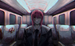Rule 34 | 1girl, absurdres, aircraft, airplane, airplane interior, black coat, black necktie, blood, blood on clothes, blood on face, blood stain, chainsaw man, coat, collared shirt, glitch, highres, makima (chainsaw man), necktie, red hair, ringed eyes, ruyu (txzy22), shirt, sinister, solo, standing, white shirt, window