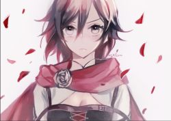 Rule 34 | 1girl, bad id, bad twitter id, breasts, cape, cleavage, corset, ecru, flower, looking at viewer, petals, rose, rose petals, ruby rose, rwby, solo, twitter username