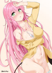 Rule 34 | 1girl, ahoge, arm up, blush, bottomless, breast hold, breasts, censored, cleavage, collarbone, commentary, covering privates, covering crotch, cowboy shot, curly hair, digital thermometer, frown, green eyes, groin, hair between eyes, hand on own head, lala satalin deviluke, leaning to the side, long hair, looking at viewer, medium breasts, murio, navel, novelty censor, off shoulder, one breast out, open mouth, open pajamas, pajamas, panties, panties around leg, panty pull, pink hair, signature, simple background, sleeves past wrists, solo, sweat, tail, tan background, thermometer, to love-ru, underwear, very long hair