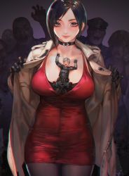 Rule 34 | 1boy, 1girl, ada wong, aoin, black hair, blonde hair, blush, bob cut, breasts, brown eyes, brown hair, catherine (game), choker, chromatic aberration, cleavage, dress, fingerless gloves, gloves, highres, jewelry, large breasts, leon s. kennedy, mini person, miniboy, pantyhose, resident evil, resident evil 2, resident evil 2 (remake), shirt, short hair, zombie