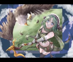 Rule 34 | 1girl, arrow (projectile), belt, bird, black hairband, black thighhighs, blue eyes, bow (weapon), bra strap, breasts, brown belt, camouflage scarf, cleavage, commentary request, crossbow, eagle, feet out of frame, fingerless gloves, frilled hairband, frills, gloves, green gloves, green hair, green scarf, green shorts, green tube top, hairband, highres, holding, holding crossbow, holding weapon, kuma king, letterboxed, medium breasts, medium hair, midriff, navel, open mouth, parted bangs, pouch, ragnarok online, ranger (ragnarok online), scarf, shorts, solo, strapless, thighhighs, tube top, weapon