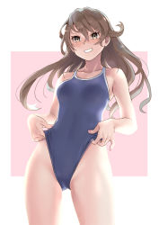 Rule 34 | 1girl, blue one-piece swimsuit, breasts, brown eyes, brown hair, clothes pull, commentary, competition school swimsuit, cowboy shot, grin, hair flaps, highleg, highleg swimsuit, katahira masashi, long hair, one-piece swimsuit, one-piece swimsuit pull, original, pink background, school swimsuit, small breasts, smile, solo, square, swimsuit, symbol-only commentary, two-tone background, white background