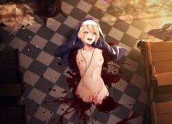 Rule 34 | 1girl, :d, amputee, blonde hair, blood, blood splatter, breasts, checkered floor, commentary request, cross, cross necklace, day, death, empty eyes, ero guro, female focus, guro, habit, highres, indoors, jewelry, lying, medium breasts, necklace, nipples, nun, on back, on floor, open mouth, original, pew, pussy juice, quadruple amputee, short hair, smile, yumeniku