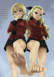 Rule 34 | 10s, 2girls, absurdres, asanagi, assam (girls und panzer), bare legs, barefoot, blonde hair, blue eyes, braid, breasts, chestnut mouth, covering own mouth, darjeeling (girls und panzer), english text, feet, femdom, flat chest, foot focus, from below, girls und panzer, hand on own hip, hand to own mouth, hard-translated, highres, legs, long hair, looking at viewer, multiple girls, open mouth, outstretched foot, pleated skirt, purple eyes, scan, school uniform, shirt, short hair, simple background, skirt, soles, standing, thighs, third-party edit, toes, translated, upskirt, very long hair
